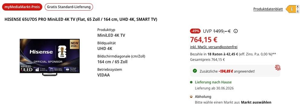 📺 Hisense Fernseher und Beamer mit 15% myMediaMarkt Extra Rabatt ➡️ bis zum 30. Juni