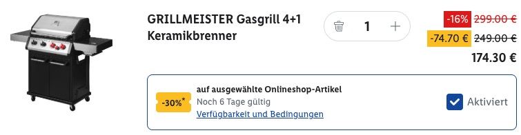 🏡 Grillmeister 4 flammiger Gasgrill 🍖 mit Steak Grillzone 800° 🥩 für 214,25€ (statt 294€)