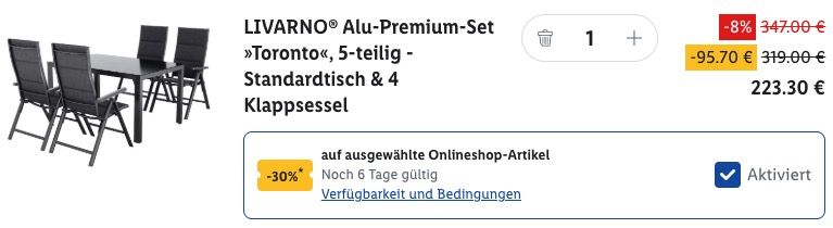 🏡 LIVARNO Alu Premium Set Toronto mit Tisch & 4 Klappsesseln ➡️ für 236,25 (statt 360€)