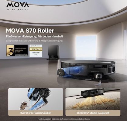 💦 Mova S70 Roller Saug  und Wischroboter für 499€ (statt 600€)