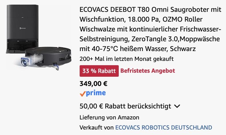 🧹 ECOVACS DEEBOT T80 OMNI Saug  u. Wischroboter mit Selbstreinigung für 349€ (statt 449€)