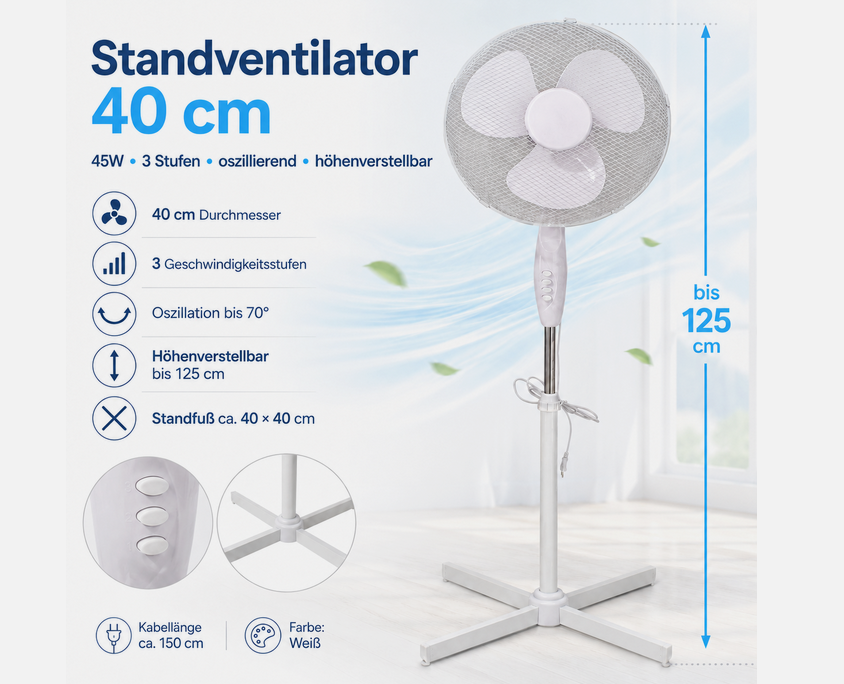 🌬️🌞 Arli Standventilator 40cm oszillierend höhenverstellbar für 19,99€ (statt 29€)