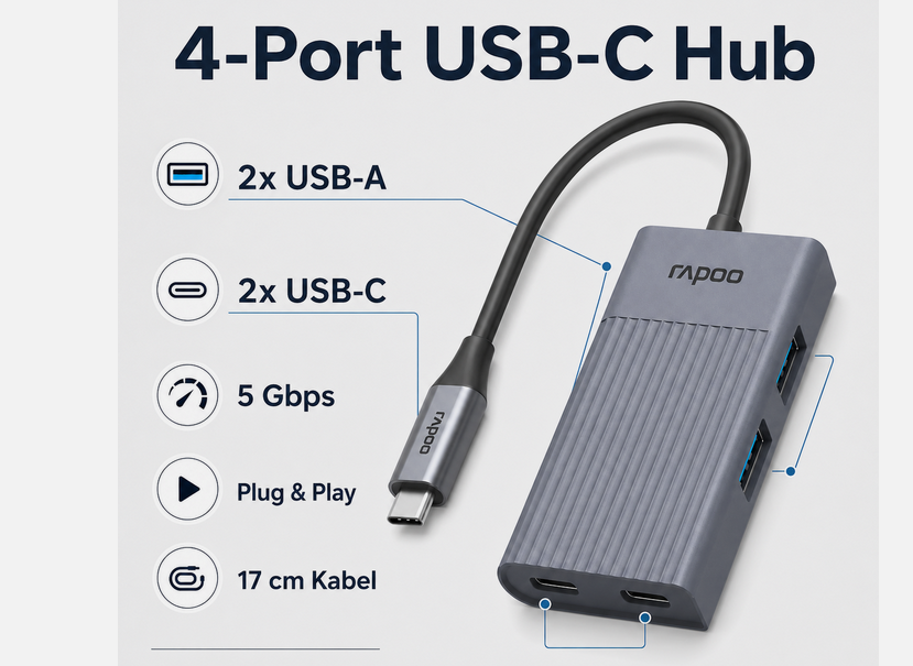 🔌🕸️ Rapoo UCH4013 USB C Hub 4 Ports für 7,99€ (statt 12€)