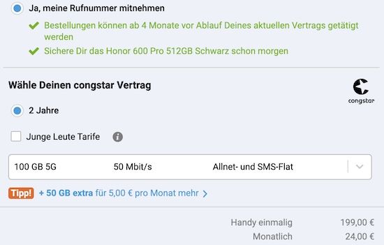 📱 Honor 600 Pro (512 GB) für 199€ + Telekom Allnet 100GB für 24€ mtl. + 20€ Bonus 📱 Honor 600 Pro (512 GB) für 199€ + Telekom Allnet 100GB für 24€ mtl. + 20€ Bonus