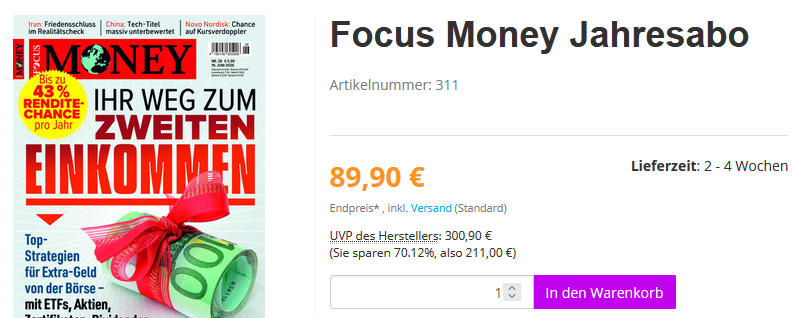💶 FOCUS Money Abo mit 52 Ausgaben für nur 89,90€ (statt 301€)