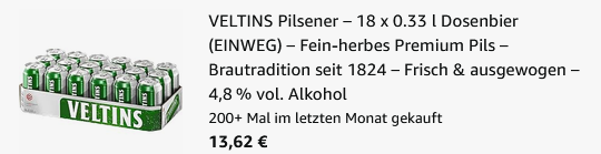 🍻 18er Pack VELTINS Pilsener 0,33L Dose ab 13,62€ (statt 18€) ➡️ nur 0,75 pro Dose 🍻 18er Pack VELTINS Pilsener 0,33L Dose ab 13,62€ (statt 18€) ➡️ nur 0,75 pro Dose