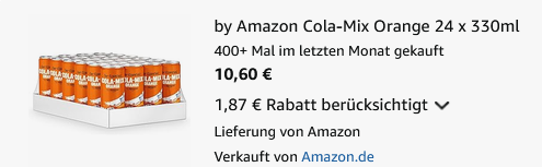 🍊 24x by Amazon Cola Mix Orange, 330 ml ab 10,60€ (statt 17€)   nur 0,44€/Dose