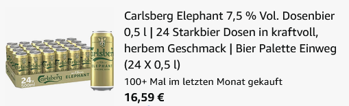🍺 24x Carlsberg 🐘💨 Elephant Bier mit 7,5 % Vol. (0,5l) ab 16,59€ 💥💥 (statt 24€) 🍺 24x Carlsberg 🐘💨 Elephant Bier mit 7,5 % Vol. (0,5l) ab 16,59€ 💥💥 (statt 24€)