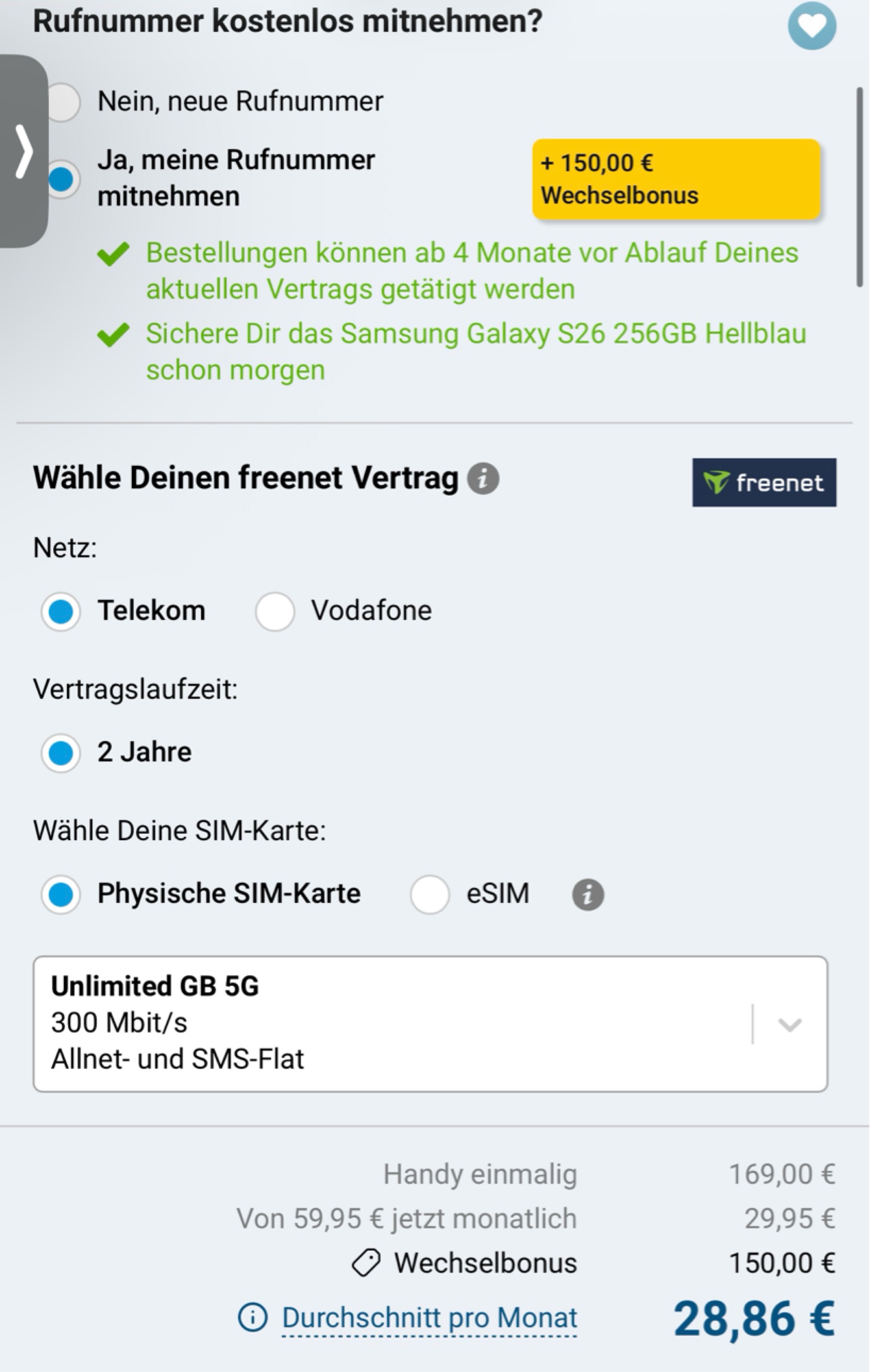 Telekom Unlimted Tarif + Samsung Galaxy s26 eff. 28,86€ mtl