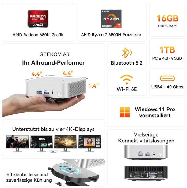 🖥️ GEEKOM A6 Mini PC mit Ryzen 7 6800H, 16GB DDR5 & 1TB für 497,76€ (statt 597€) 🖥️ GEEKOM A6 Mini PC mit Ryzen 7 6800H, 16GB DDR5 & 1TB für 497,76€ (statt 597€)
