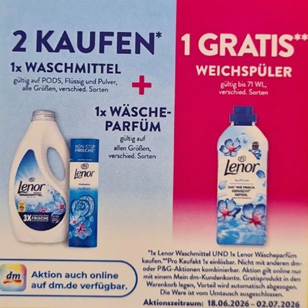dm: 1x Lenor Waschmittel & 1x Lenor Wäscheparfüm kaufen, 1x Lenor Weichspüler gratis dazu