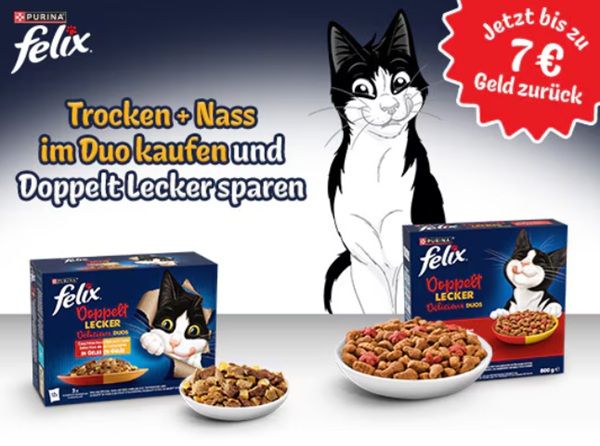 Bis zu 7€ zurück beim Kauf von FELIX Doppelt Lecker von Purina Bis zu 7€ zurück beim Kauf von FELIX Doppelt Lecker von Purina