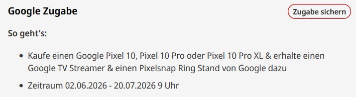 📱 Media Markt: Google MwST. Aktion - z.B. Pixel 10 + Ring Stand + TV Streamer für 570€ (statt 673€) 📱 Media Markt: Google MwST. Aktion z.B. Pixel 10 + Ring Stand + TV Streamer für 570€ (statt 673€)
