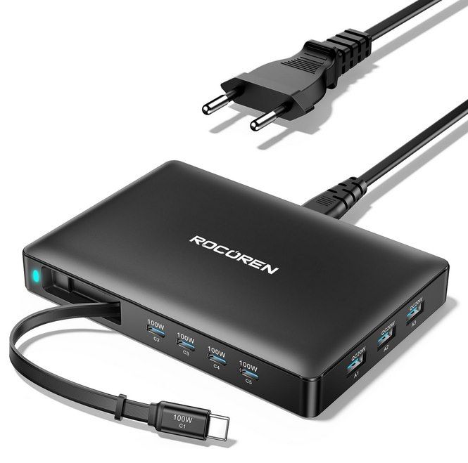 🔌 Rocoren 8 in 1 USB C Ladegerät mit einziehbarem Kabel für 29,89€ (statt 60€)