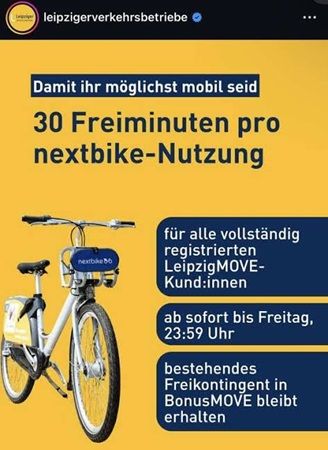 Leipzig: Für LeipzigMOVE Kunden: pro nextbike Ausleihe 30 Freiminuten