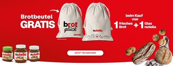 Mit dem Kauf von Nutella & frischer Backware Brotbeutel gratis abfassen