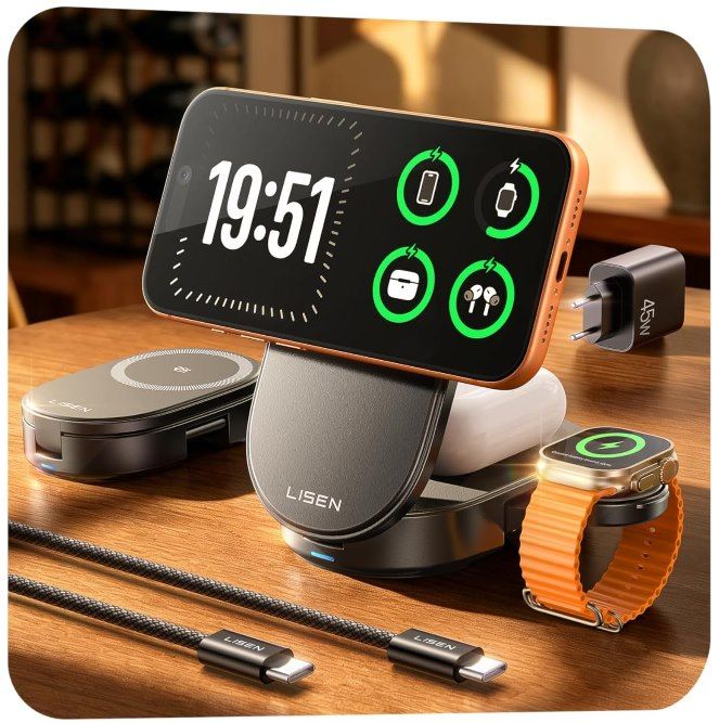 🧲 LISEN 3in1 25W Qi2.2 Ladestation inkl. 45W Netzteil für 24,47€ (statt 35€)