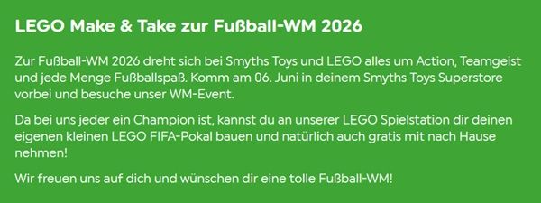 Lego Make & Take Event zur Fußball WM 2026 in den Smyths Toys Stores am 06.06.