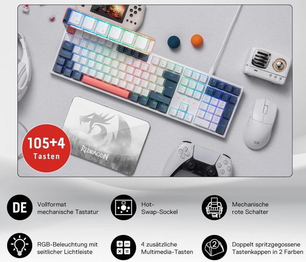 ⌨️ Redragon K668 kabelgebundene Gaming Tastatur mit Hot Swap für 50,99€ (statt 60€)