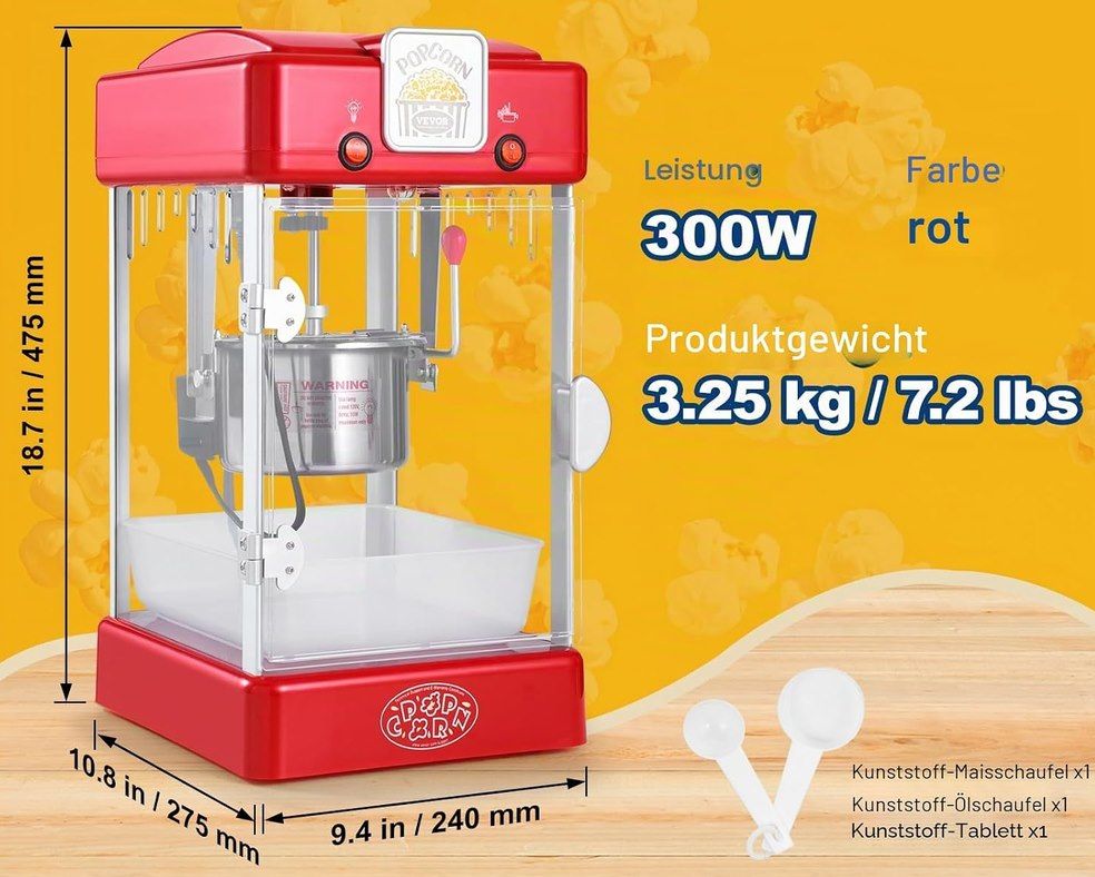 🍿 VEVOR 300W Popcornmaschine mit 75ml Kessel & 4L Volumen für 44,99€ (statt 61€)
