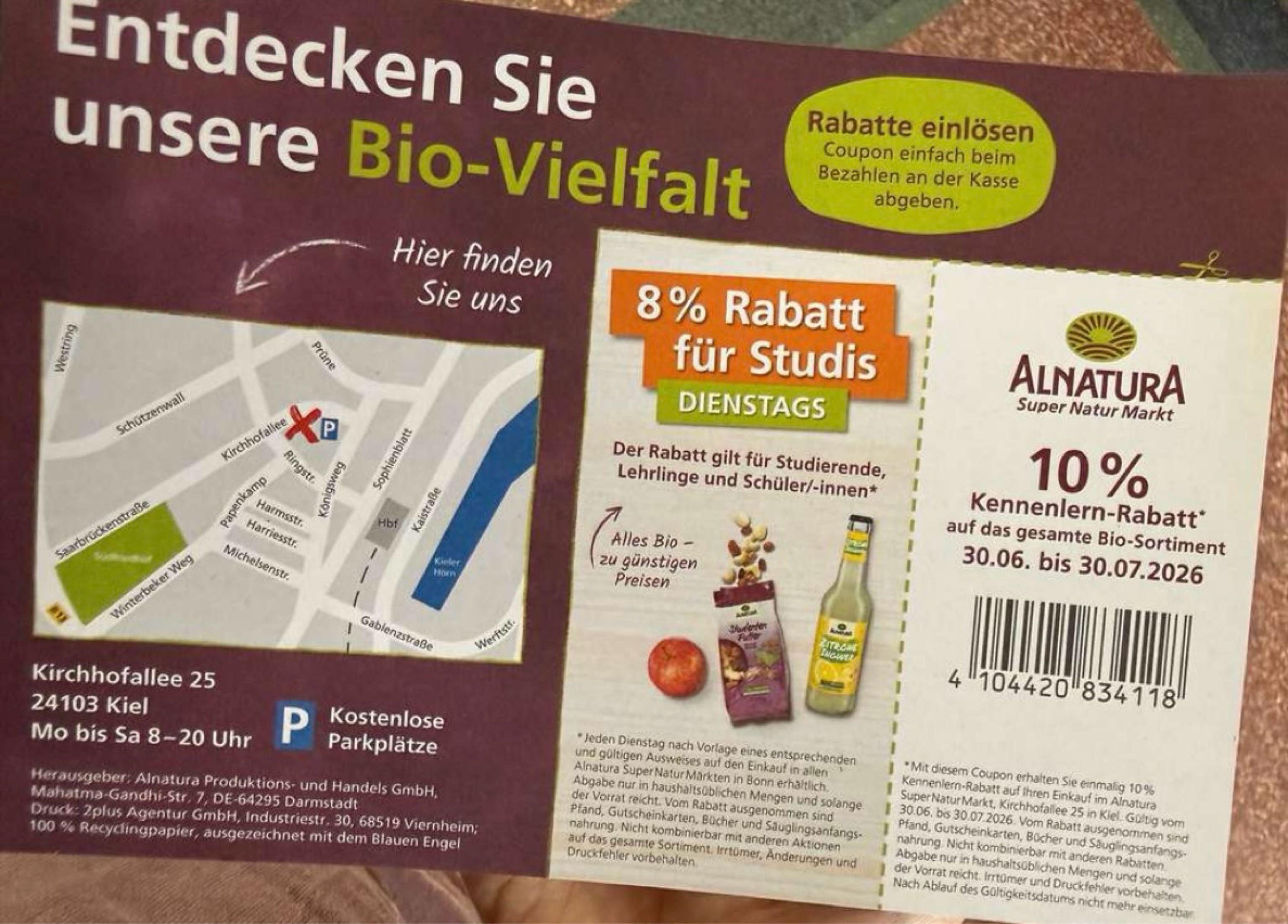 Alnatura 10% Rabatt (Kiel) vielleicht auch woanders Alnatura 10% Rabatt (Kiel) vielleicht auch woanders