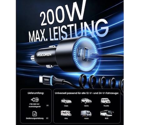 Rocoren Zigarettenanzünder Car Charger mit 200W für 14,98€ (statt 30€)