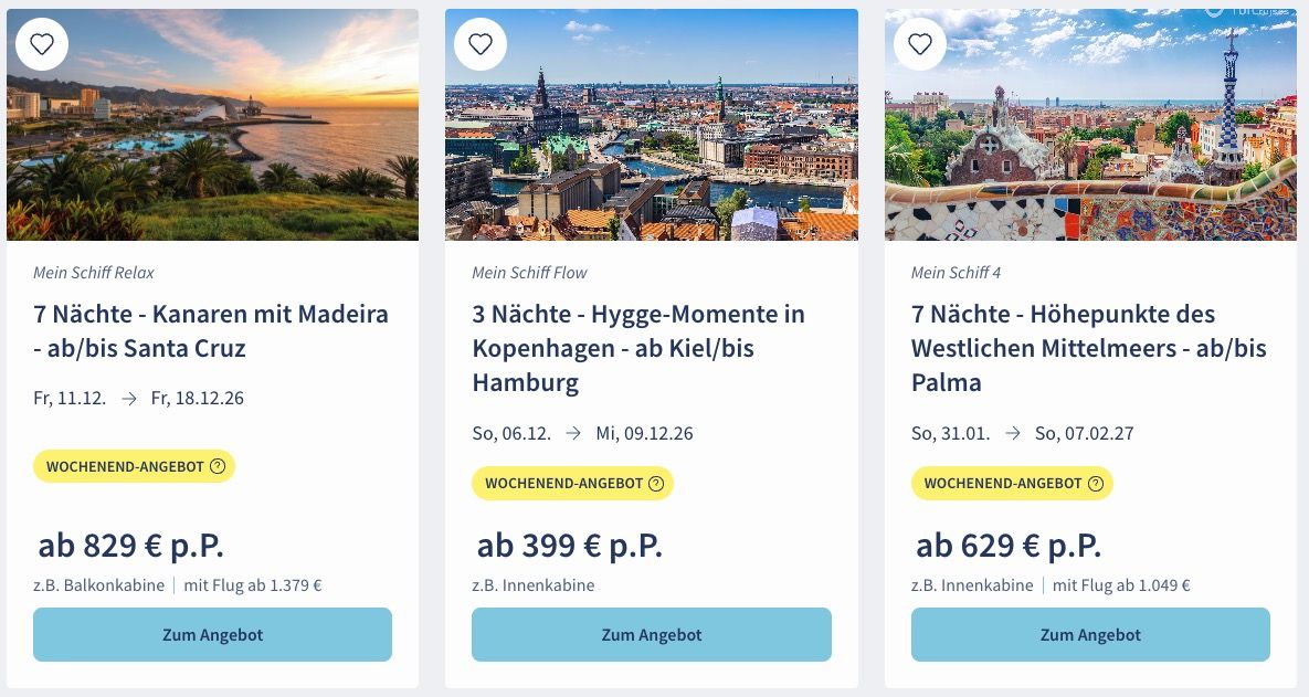 🚢 TUI Cruises Mein Schiff Wochenendangebote 🏝️ z.B. 3 Nächte Kopenhagen ab 399€ p.P.
