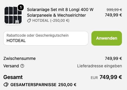 ☀️ Juskys Solaranlage Set 8x 400W + Wechselrichter für 749,99€ (statt 1.000€) ☀️ Juskys Solaranlage Set 8x 400W + Wechselrichter für 749,99€ (statt 1.000€)
