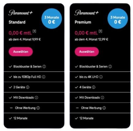 🧨 Paramount+ Standard oder Premium 3 Gratis-Monate für Magenta Kunden (statt 30€) 🧨 Paramount+ Standard oder Premium 3 Gratis Monate für Magenta Kunden (statt 30€)