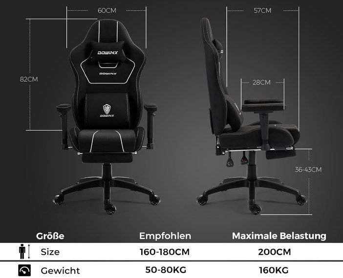 💺 Dowinx LS 6657B Gamingstuhl mit gepolsterten Armlehnen für 101,99€ (statt 140€)