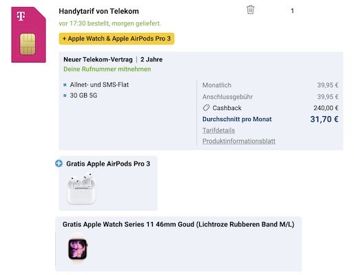 🤯 KRASS! 🍏 Apple Watch 11 GPS & AirPods Pro 3 + Telekom 30GB für 39,95€ + 💰 240€ Bonus
