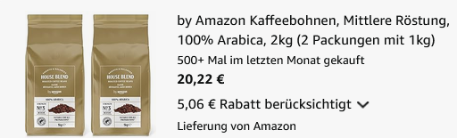 ☕ 2kg by Amazon House Blend Kaffeebohnen ab 20,22€ (statt 27€)