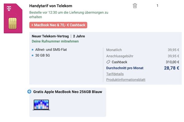 đApple MacBook Neo 13 Zoll (2026) nur 1,95⏠+ 30GB Telekom Allnet 39,95⏠mtl. + 310⏠Bonus đApple MacBook Neo 13 Zoll (2026) nur 1,95⏠+ 30GB Telekom Allnet 39,95⏠mtl. + 310⏠Bonus