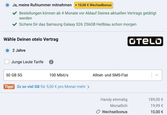 📱 Samsung Galaxy S26 (256GB) für 189€ ➡️ Vodafone Allnet 50GB für 19,99€ mtl. + 10€ Bonus