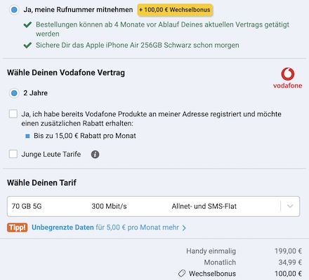 📱 Apple iPhone Air für 199€ + Vodafone Allnet 70GB für 34,99€ mtl. + 100€ Bonus 📱 Apple iPhone Air für 199€ + Vodafone Allnet 70GB für 34,99€ mtl. + 100€ Bonus