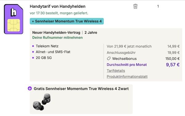 🎧 Sennheiser Momentum True Wireless 4 für 5,90€ + 📶 Telekom Allnet 20GB für 14,99€ mtl. + 150€ Bonus