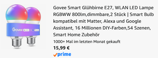 💡💡 2er Pack Govee Smarte LED Glühbirne E27 für 15,99€ (statt 24€)