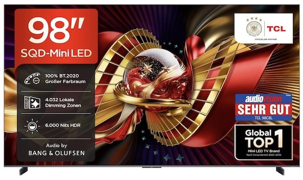 đș TCL 98C8L - 98 Zoll SQD-Mini LED Fernseher fĂŒr 3.399⏠(statt 3.999âŹ) đș TCL 98C8L 98 Zoll SQD Mini LED Fernseher fĂŒr 3.399⏠(statt 3.999âŹ)