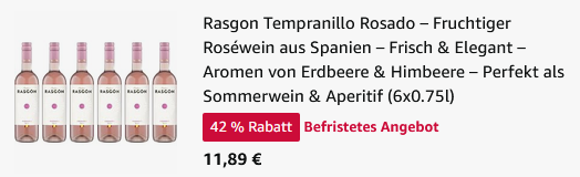 🍓 6x Rasgon Tempranillo Rosado fruchtiger Roséwein ab 13,29€ (statt 24€)   nur 2,21€/Flasche