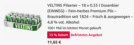 🍻 18er Pack VELTINS Pilsener 0,33L Dose ab 11,65€ (statt 18€) ➡️ nur 0,64 pro Dose 🍻 18er Pack VELTINS Pilsener 0,33L Dose ab 11,65€ (statt 18€) ➡️ nur 0,64 pro Dose