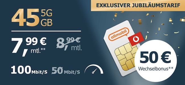 📱 Vodafone Allnet 45GB 5G für eff. 5,91€ mtl. - 💰 dank 50€ Bonus 📱 Vodafone Allnet 45GB 5G für eff. 5,91€ mtl. 💰 dank 50€ Bonus
