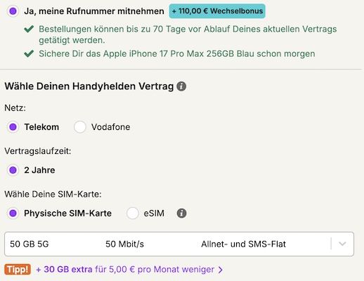 🍏 Apple iPhone 17 Pro Max für 479€ + mit Telekom Allnet 50GB für 44,99€ mtl. ➡️ 260€ Bonus