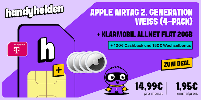 🔥 KRASS 🍏 4x Apple AirTag (2. Gen) + Telekom Allnet 20GB nur 14,99€ mtl. + 250€ Bonus 👀 🔥 KRASS 🍏 4x Apple AirTag (2. Gen) + Telekom Allnet 20GB nur 14,99€ mtl. + 250€ Bonus 👀