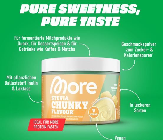 🍮 MORE Stevia Chunky Flavour Pure Vanilla, 150g ab 11,39€ (statt 17€)