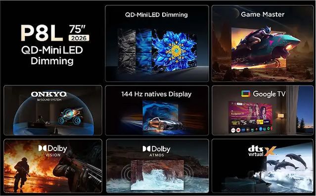 📺 TCL 75P8L 75 4K HDR QD Mini LED Dimming TV ab 1.019€ (statt 1.249€)