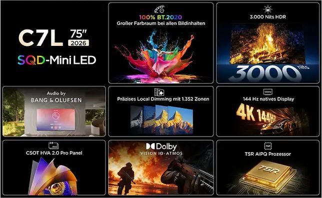 📺 TCL 75C7L 75 SQD Mini Smart LED TV mit 144Hz ab 1.529€ (statt 1.799€)