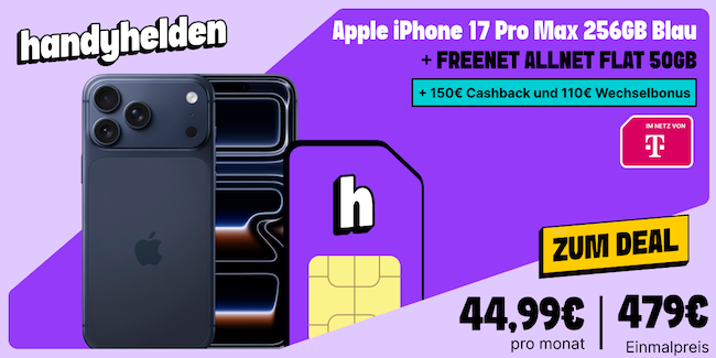 🍏 Apple iPhone 17 Pro Max für 479€ + mit Telekom Allnet 50GB für 44,99€ mtl. ➡️ 260€ Bonus