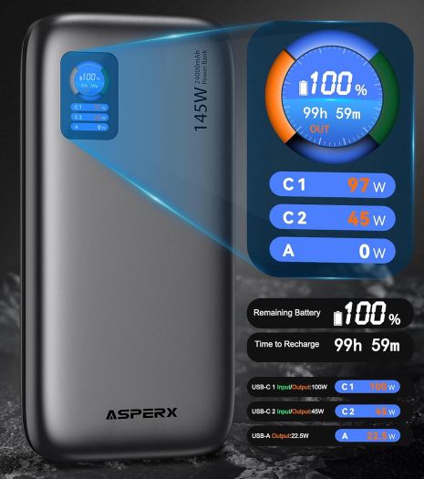 🔋 AsperX 100W 24.000mAh USB C Powerbank für 39,99€ (statt 50€)