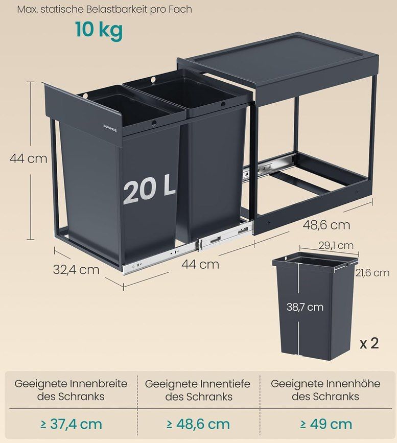 🗑️ Songmics Unterschrank Mülltrennsystem (2x 20l) für 49,99€ (statt 70€)