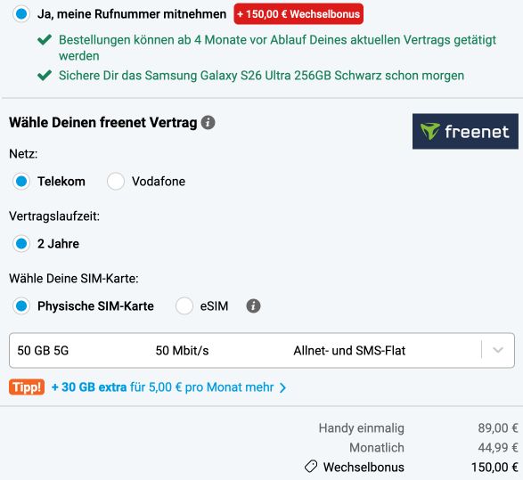🔥 Rechn. fast gratis 📱 Samsung Galaxy S26 Ultra für 99€ + 50GB Telekom für 44,99€ + 200€ Bonus